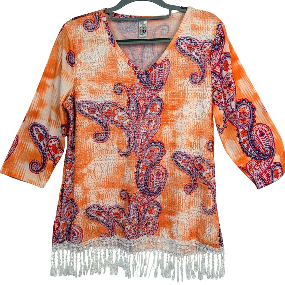 Thomas & Olivia Paisley Tie Dye Tunic with Fringe Trim Medium‎ Orange